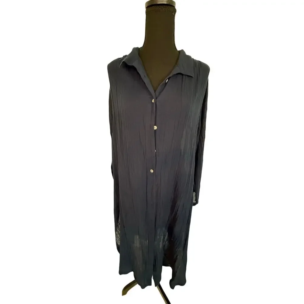J.Jill Navy Gauze Button Front Cover Up Tunic Dress Size Large Lightweight